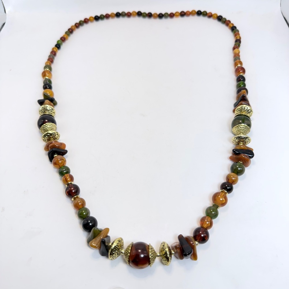 Vintage Chunky Beaded Necklace Amber Green Brown Gold‎ Tone Boho Statement 34 In